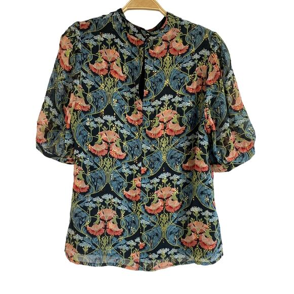 Anthropologie Meadow Rue Basilique Floral Blouse Top Size 8 Muticolor Metallic - Picture 3 of 13